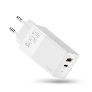 Мережевий зарядний пристрій KUULAA GaN QC4.0 Type-C+USB 65W EU швидка зарядка Quick Charge 4.0 3.0 Білий