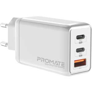 Мережевий зарядний пристрій Promate GaNPort3-65PD 65 Вт, 2хUSB-C+USB-A White (ganport3-65pd.white) в Житомирі