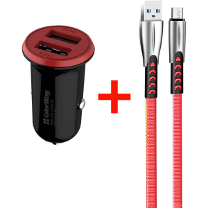 Автомобильное зарядное устройство ColorWay 2USB AUTO ID 3.4A (17W) + Кабель MicroUSB (zinc alloy) 2.4А 1 м Red (CW-CHA026-BK/CBUM011-RD)