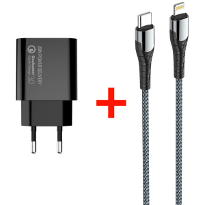 Мережевий зарядний пристрій СolorWay Power Delivery USB Type-C (20W) V2 + Кабель Type-C-Apple Lightning (PD 30W) 3.0А 1 м (CW-CHS026PD-BK/CBPDCL033-GR) в Житомирі