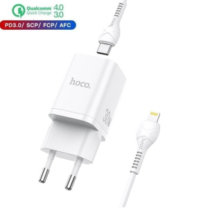 Зарядное устройство Hoco 30W Quick Charge c кабелем Lightning/Type-C для iPad|iPhone|Samsung|Xiaomi|Huawei white в Житомире