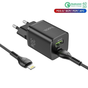 Зарядное устройство Hoco 30W Quick Charge c кабелем Lightning/Type-C для iPad|iPhone|Samsung|Xiaomi|Huawei black рейтинг