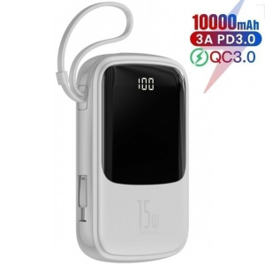 хорошая модель Павербанк Baseus 15W Q Pow Display Fast Charge 10000mAh + кабель Type-C для/iPad/Samsung/Xiaomi/Huawei/iPhone white