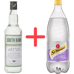 Джин South Bank London Dry Gin 0.7 л 37.5% + Безалкогольний напій Schweppes Tonic 1 л (5021692111121)