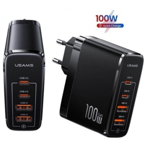 Блок живлення Usams Chip Super GaN 100W/5A, 2xUSB/2xType-C black краща модель в Житомирі