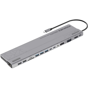 Док станция 15-в-1 Promate BaseLink-Pro USB-C PD/HDMI/VGA/DisplayPort/3xUSB 3.1/2xUSB-C 3.1/2xUSB 2.0/RJ45/SD/MicroSD/AUX 3.5 мм Grey (baselink-pro.black) в Житомире