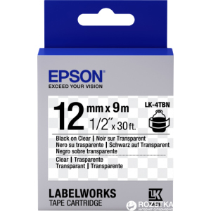 Картридж зі стрічкою Epson LabelWorks LK4TBN 12 мм / 9 м Black/Clear (C53S654012) краща модель в Житомирі