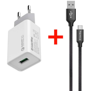 Зарядний пристрій ColorWay 1USB Quick Charge 3.0 (18W) White + Кабель ColorWay USB Type-C 2.1А 1 м Black (CW-CHS013Q-WT-CBU) ТОП в Житомирі