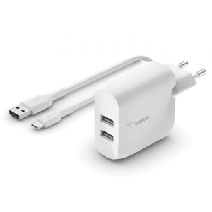 купити Зарядний пристрій Belkin Home Charger (24W) DUAL USB 2.4A, USB-C 1m, white