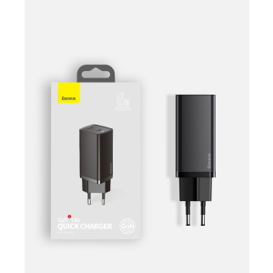 Зарядное устройство Baseus GaN2 Lite Quick Charger 65W (2 Type-C) для MacBook/iPad/iPhone/Android black надежный