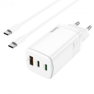 Сетевое зарядное устройство Hoco QC 65W |2 Type-С+USB|+ кабель USB-C white надежный