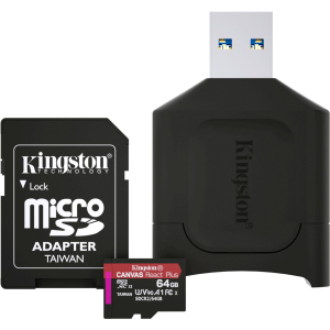 Kingston MicroSDXC 64GB Canvas React Plus Class 10 UHS-II U3 ​​​​V90 A1 + SD-адаптер + USB-кардрідер (MLPMR2/64GB) ТОП в Житомирі