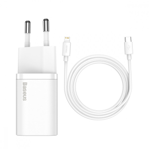 СЗУ Baseus Super Silicone PD Charger 20W (1Type-C) + With Cable Type-C to Lightning white