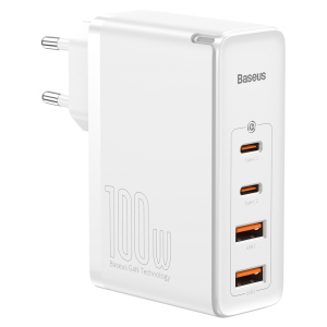 Мережевий зарядний пристрій Baseus Quick GaN2 Pro QC4.0+PD3.0 100W 2USB+2Type-C 5A + кабель Baseus Type-C to Type-C 100W 20V/5A 1м Білий