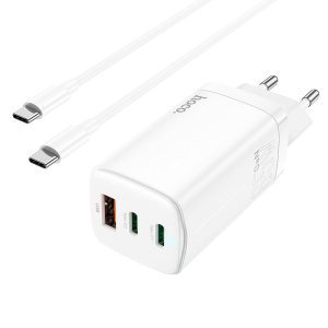 Мережевий зарядний пристрій 1USB + 2Type-C Hoco N16 65W White + Cable Type-C to Type-C надійний