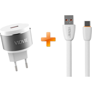 Сетевое зарядное устройство Vidvie PLE211Q 1USB 1.5A + USB Type-C cable White-Silver (6970280941444) в Житомире