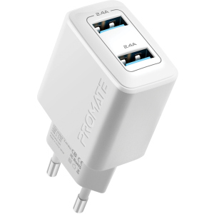 хорошая модель Сетевое зарядное устройство Promate BiPlug 12 Вт 2 USB White (biplug.white)