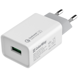 Сетевое зарядное устройство ColorWay 1 USB Quick Charge 3.0 (18W) White (CW-CHS013Q-WT) лучшая модель в Житомире