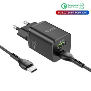 Зарядное устройство Hoco 30W Quick Charge 1xType-C/1xUSB для iPad|iPhone|Samsung|Xiaomi|Huawei black надежный