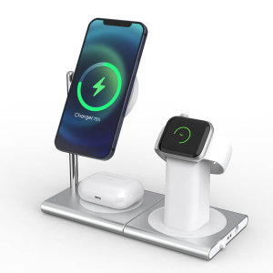 Беспроводное зарядное устойство 3в1 MagSafe док станция Magnetic Wireless Charging Stand для iPhone AirPods Apple Watch Серебристый надежный