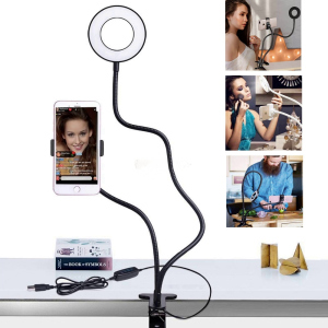 Держатель гибкий UKC для смартфона штатив PLUS LED подсветкой кольцо на прищепке для трансляций блогера Professional Live Stream Black