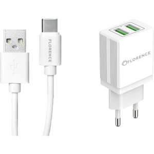 Сетевое зарядное устройство Florence 2USB 2A + Type-C Cable White (FL-1021-WT) ТОП в Житомире